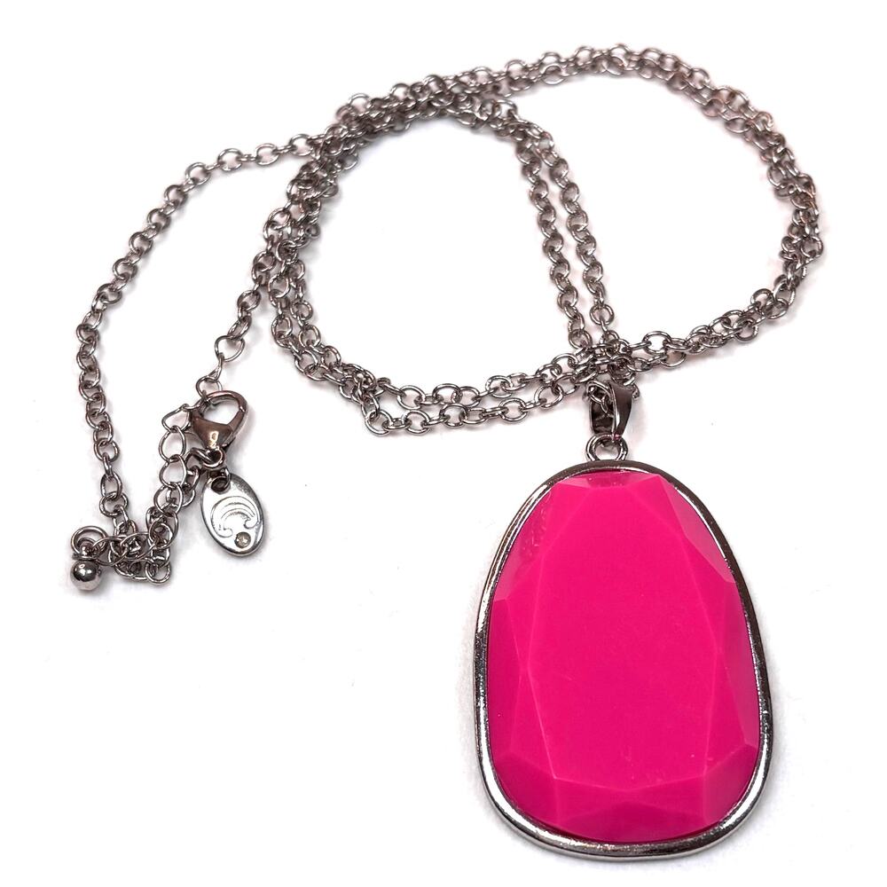 CHARMING CHARLIE Necklace Silver Tone 36" Large Pink Faceted Pendant 20.5 Drop